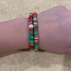 Mixed match green and red Christmas clay bead bracelets adjustable sizing